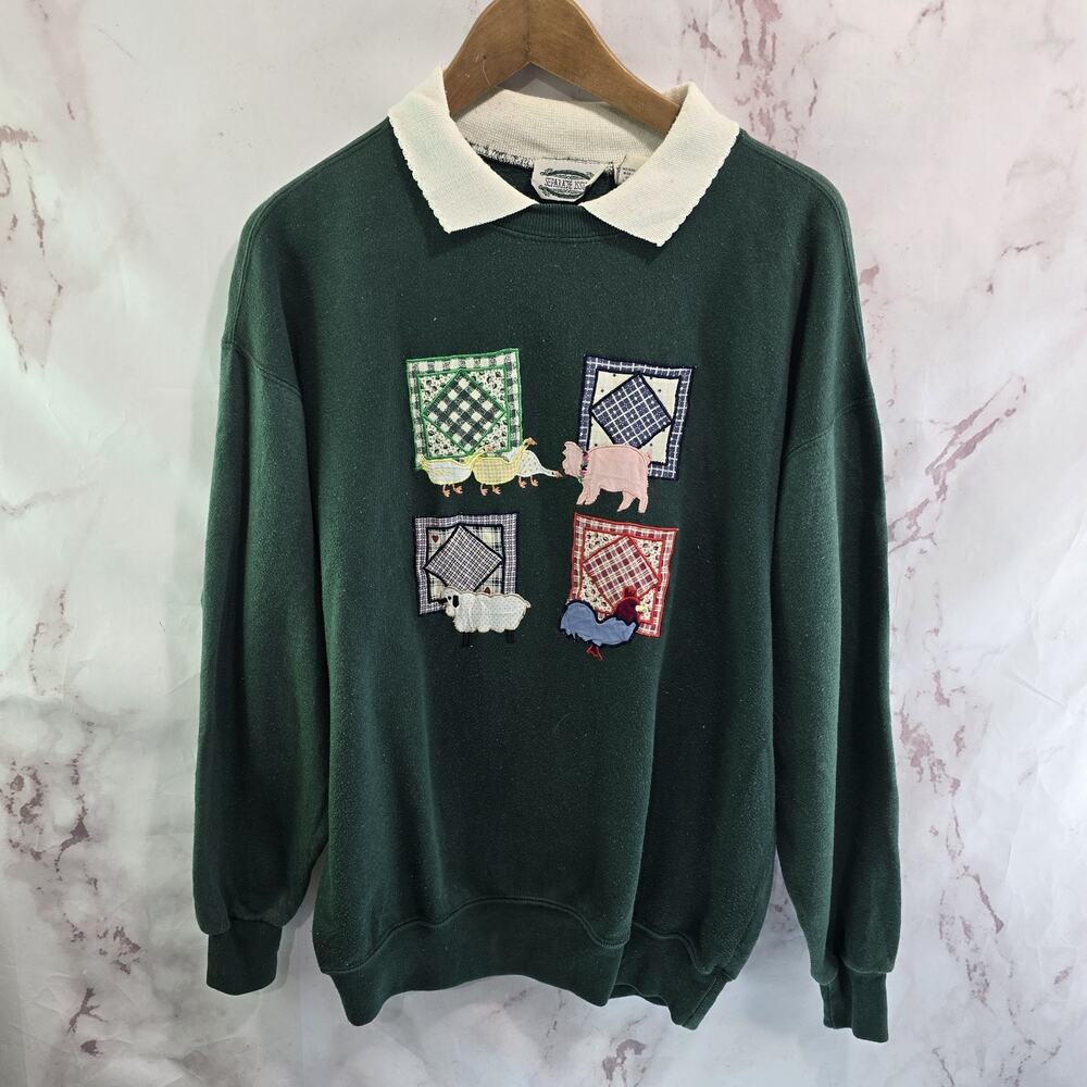 Vintage Sweatshirt Womens Large XL Green Farm Animals Granny 90s Double Collar